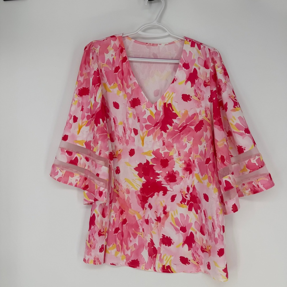Floral Blouse Womens Large Pink Red V-Neck Mesh Bell Sleeve Boho Romantic Garden